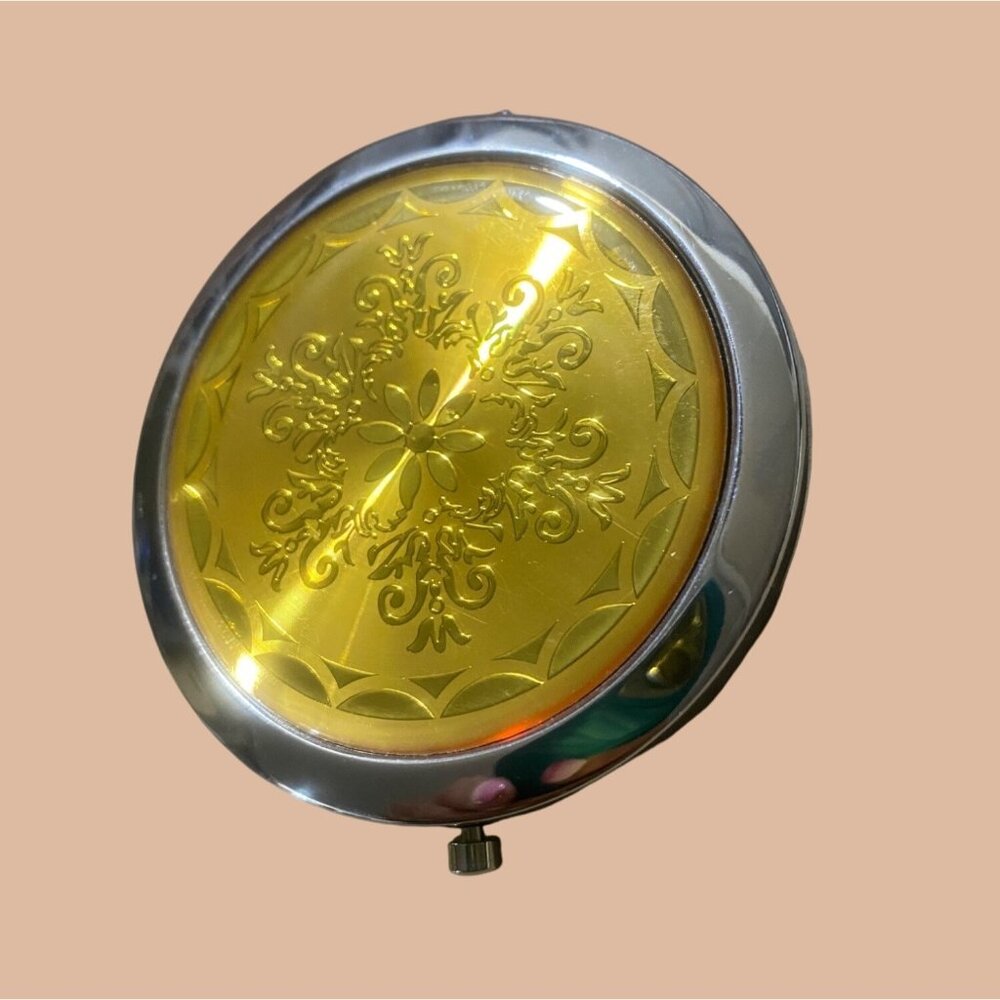 Vintage Ornate Compact Mirror With Yellow Floral Design In Gift Box